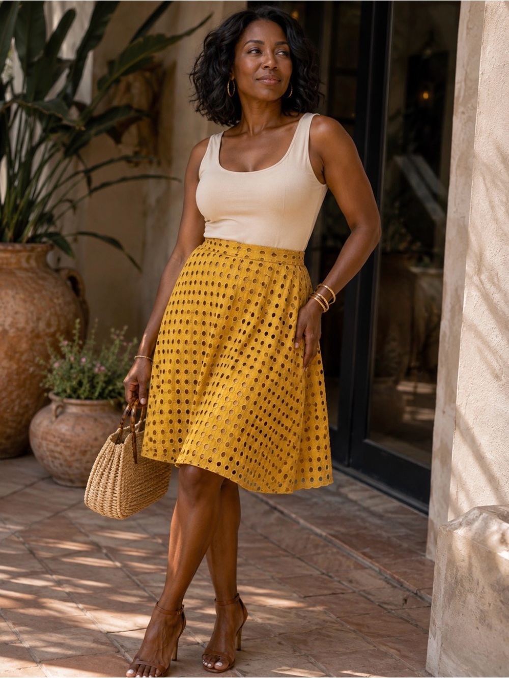H&M Mustard Yellow Eyelet A-Line Skirt